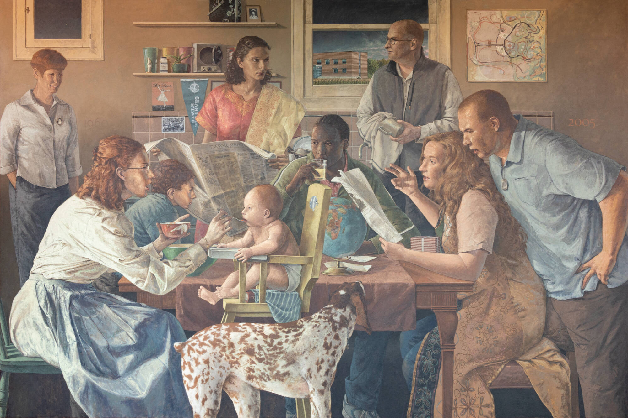 Large painting with many figures seated around a kitchen table - woman feeding her baby, man washing a coffee mug, woman reading newspaper with man behind her who is mad, plus many others, and other symbolic objects.